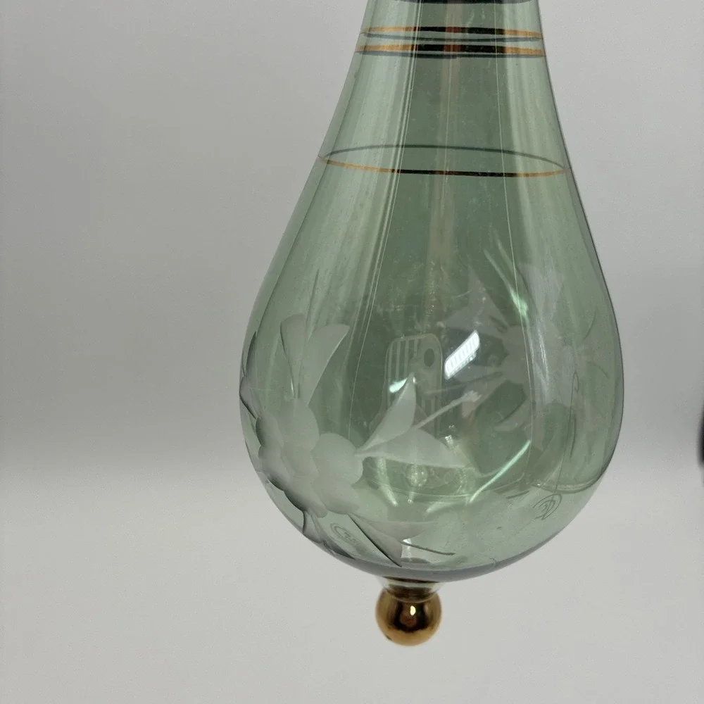 Vintage Egyptian Hand Blown Glass Ornament Green Etched Floral Gold Trim 9.75
